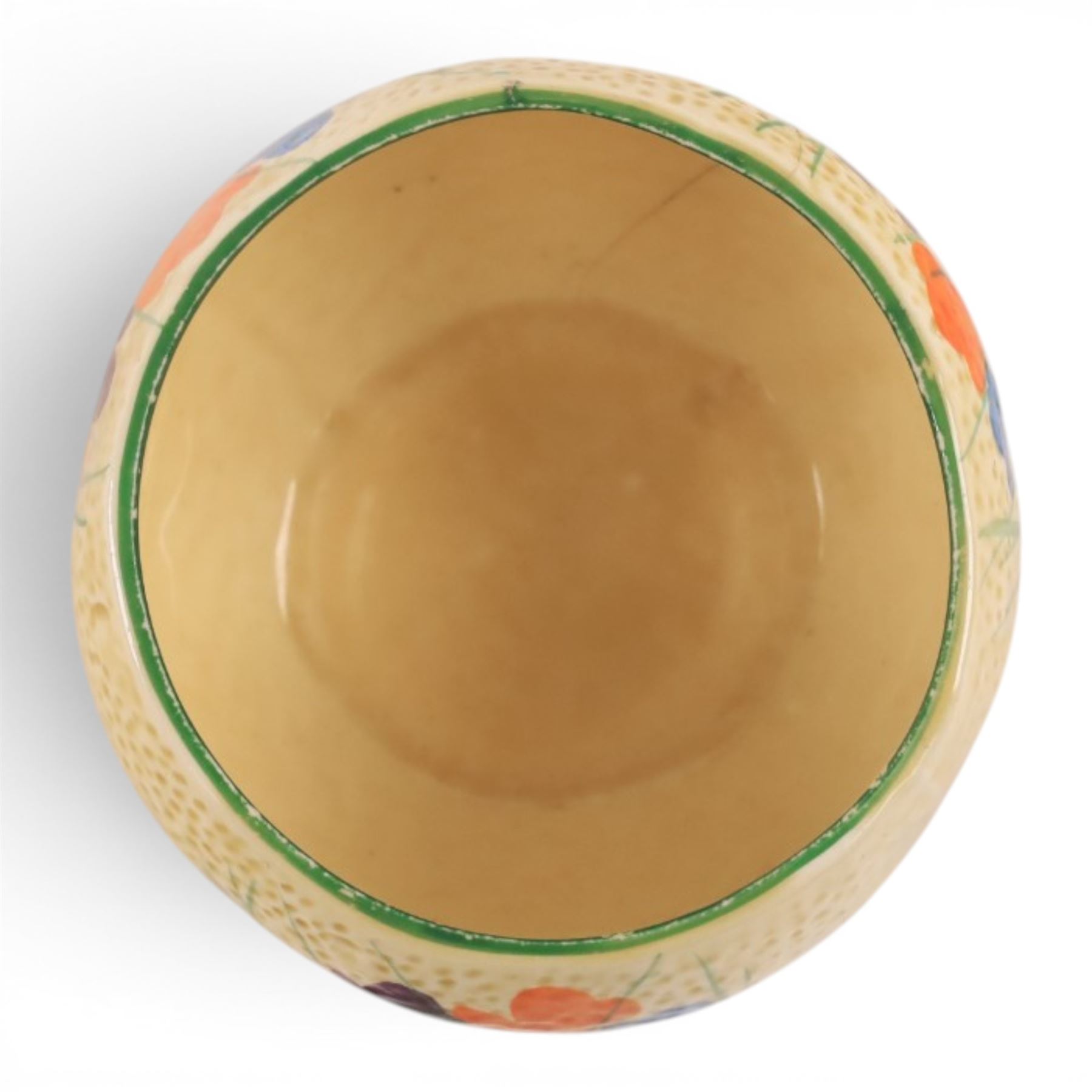Clarice Cliff Sungleam Crocus pattern plate, together with Crocus pattern preserve jar, both with printed marks beneath, plate D23cm 