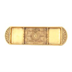 Early 20th century Tiffany & Co three piece gilt bronze Adam pattern desk tray, of oblong form with three divisions, decorated with patera and husk swags, stamped beneath Tiffany Studios New York, inkwell H6.5cm W10.5cm, tray W24.5cm
