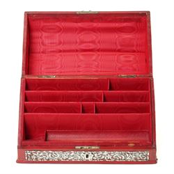 Late Victorian red leather stationery casket with divided watered silk interior, the hinged front with repousse silver mounts H19cm x W30cm London 1889 Maker William Comyns