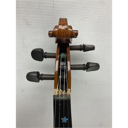 Three Stentor Student violins - three-quarter size with 33cm two-piece back; and two quarter size each with 28cm two-piece back; each in carrying case with bow (3)