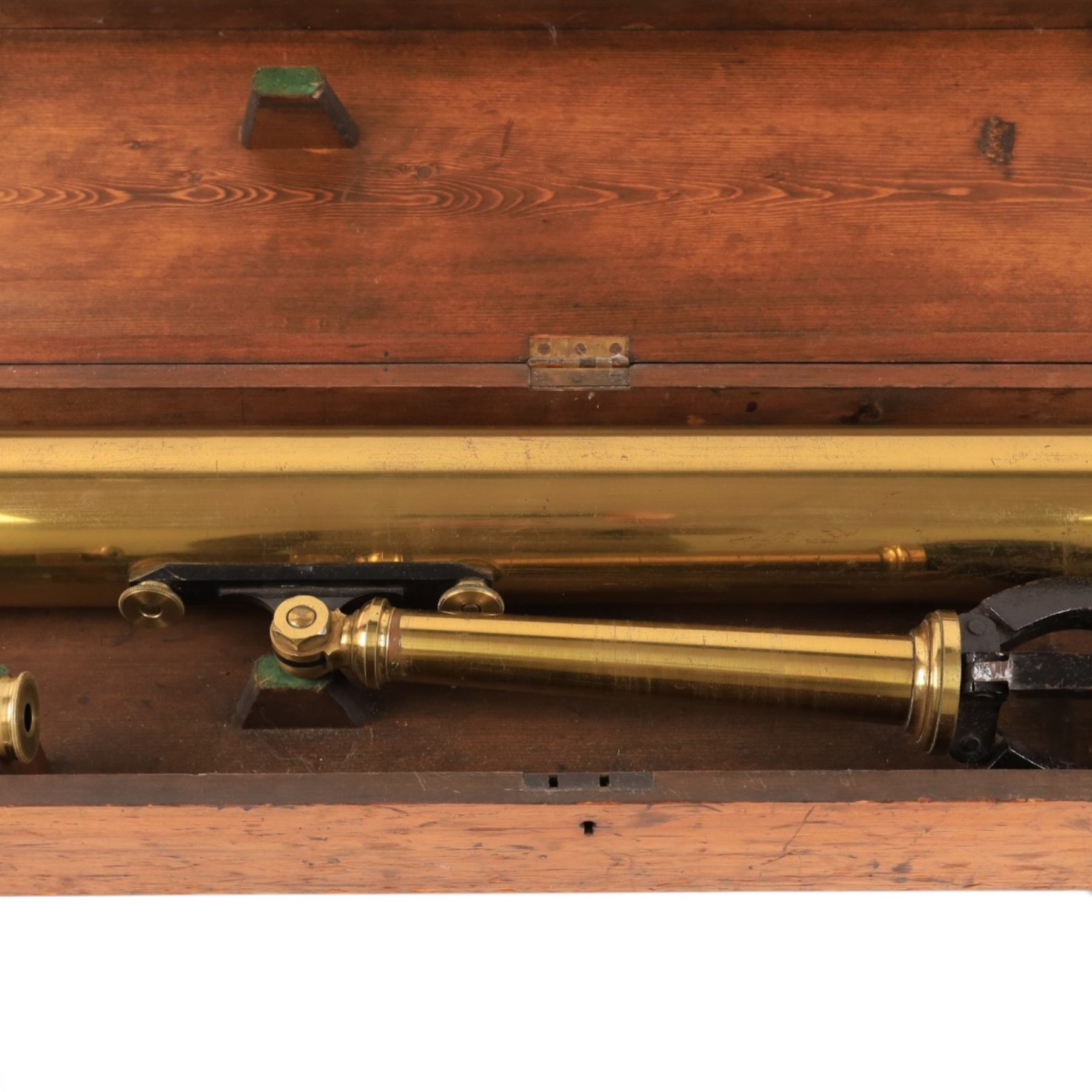 19th century lacquered brass refracting telescope by Bateman & Branches, 104 Strand London, upon a folding tripod with four eyepieces and within a wooden case, telescope L