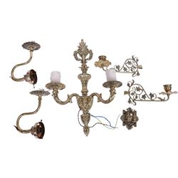 Victorian brass candlestick wall sconce, together with pair of brass wall lights and one other 