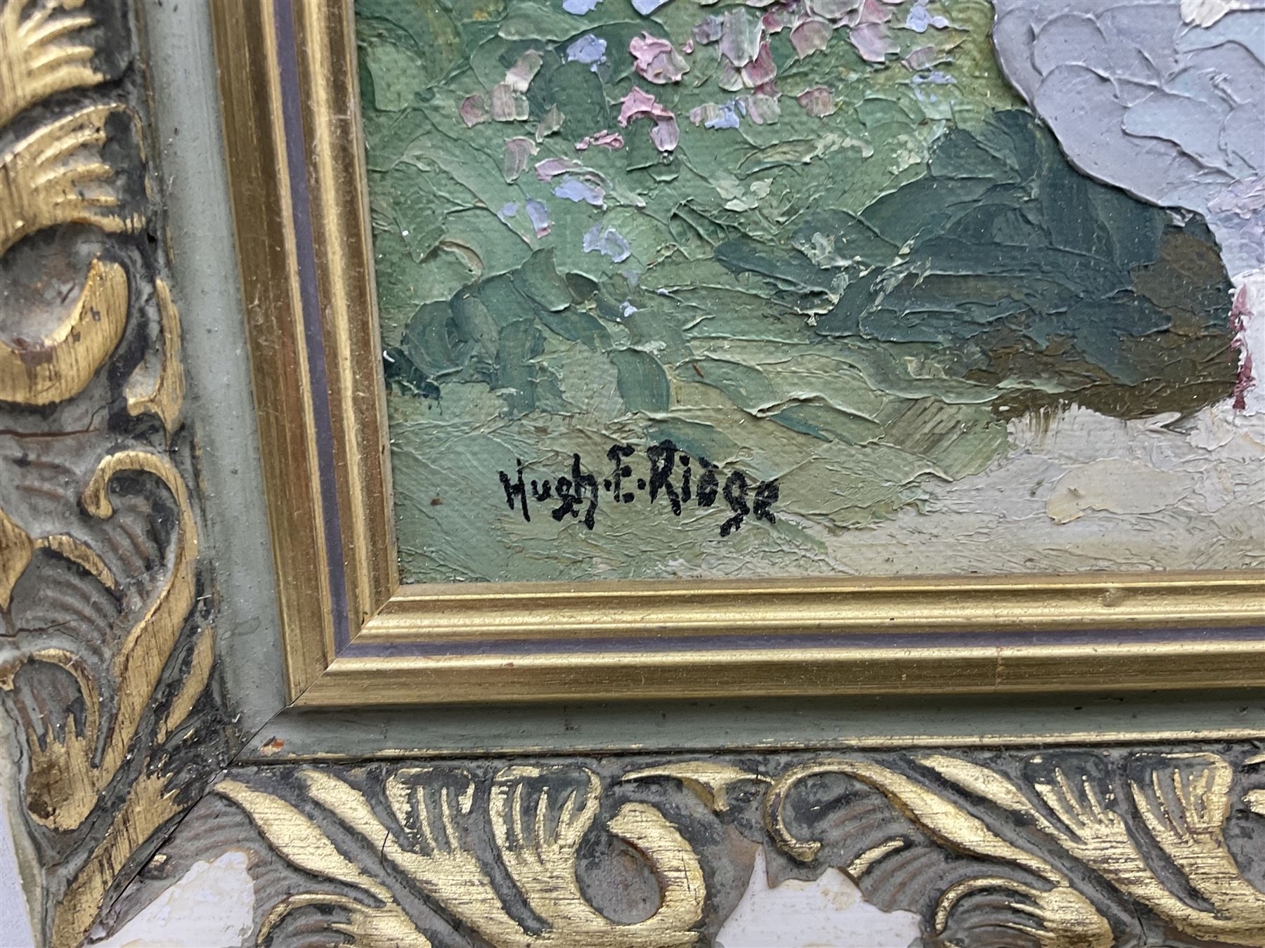 Hugh E Ridge (Bridge 1899-1976): 'Cottages at Old Grimsby, Tresco, Isles of Scilly', oil on canvas signed, titled on artist's studio label verso 39cm x 49cm 
Notes: Sold with a signed letter from the artist thanking the purchaser dated 11.7.76