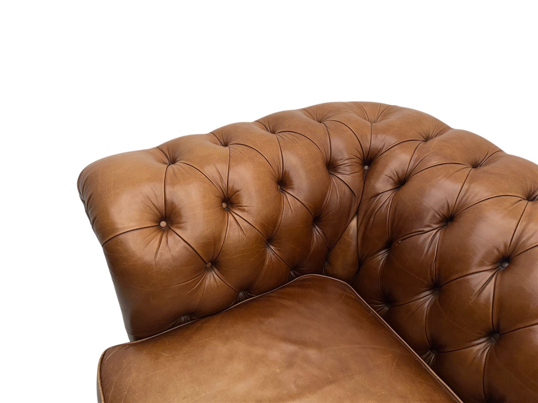 Springvale - large Chesterfield sofa, upholstered in buttoned tan leather, two cushion deep seat, turned bun feet