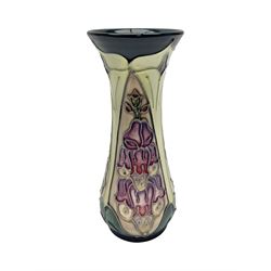 Moorcroft miniature vase with fluted rim, in Foxglove pattern, by Rachel Bishop, with printed mark beneath, H13cm