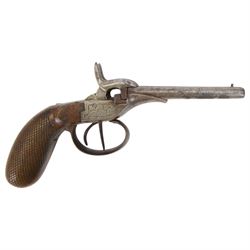 19th century side by side percussion pistol, with double hammers and triggers and foliate engraved action, with chequered and fluted grip, L23cm
Sold as an exempt item under Section 58 (2) of the 1968 Firearms Act, to be held as a curiosity or ornament