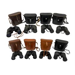 Eight cased pairs of binoculars, to include Universa Deluxe 7x50 Bildfield, USI Decalite 10x50, Uniscope 8x- 14x50, Chinon Countryman 10x50, Byra 10x50 etc