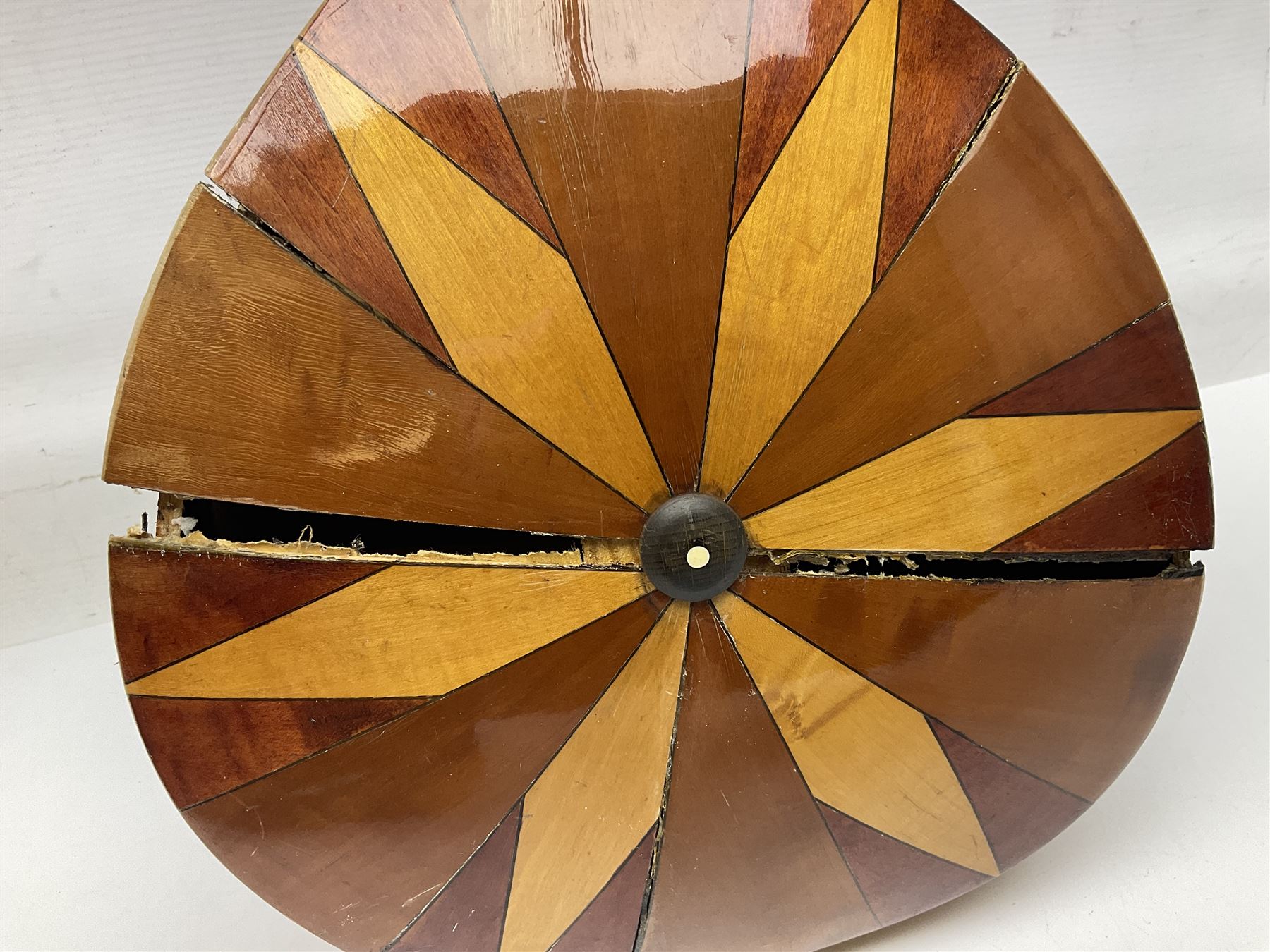 Italian eight-string mandolin with maple back and ribs and spruce top with inlaid floral marquetry panel within a fragmented mother-of-pearl border L61cm; cased; and a (damaged) German 'Michigan' mandolin for spares or repair (2)
