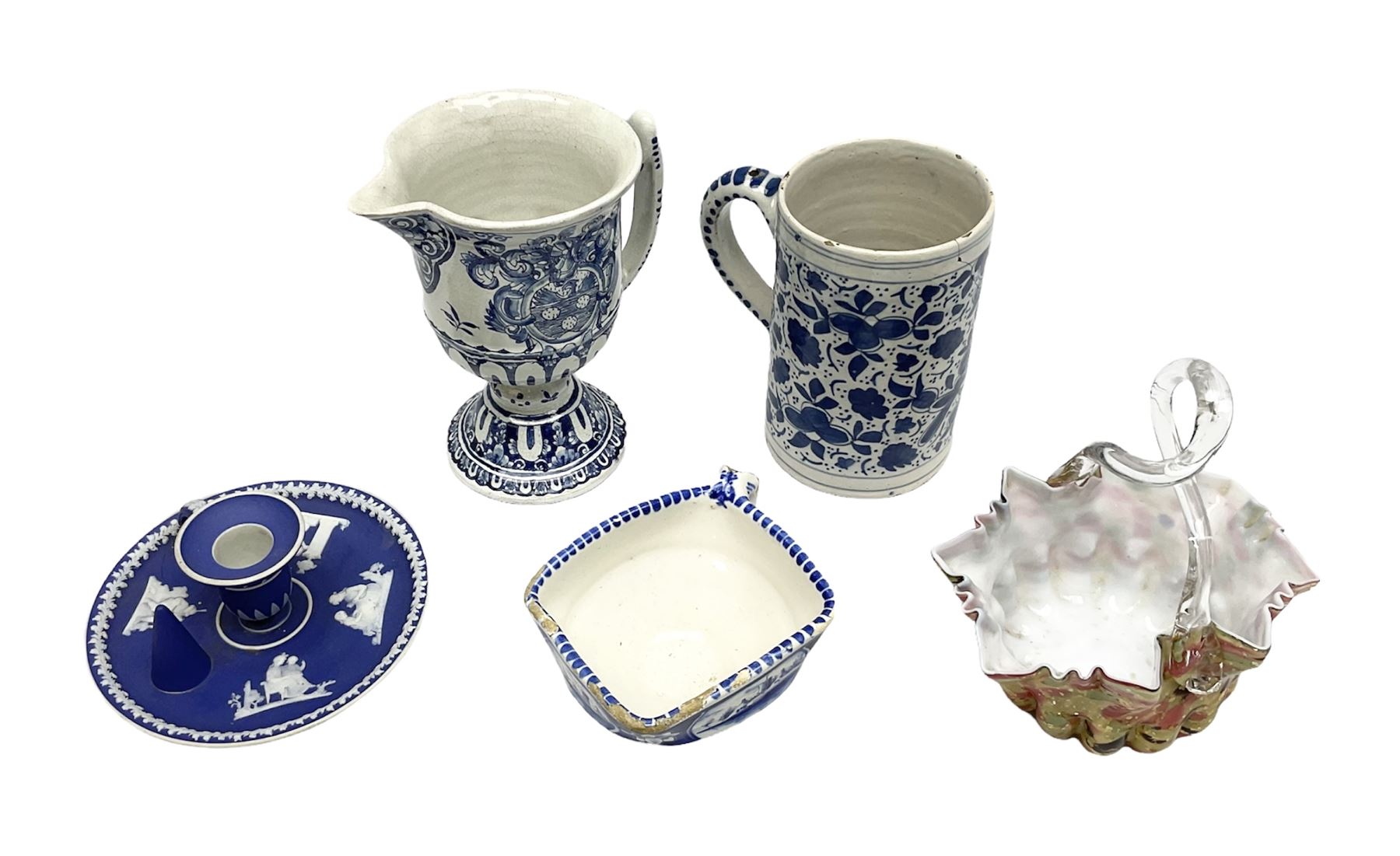 Wedgwood jasperware chamber candlestick, together with blue and white ceramic tankard, footed jug, art glass basket etc