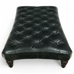 Tetrad – Contemporary black leather upholstered stool, deep button top with pulled finish, on turned stained hardwood legs