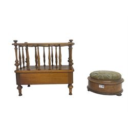 19th century walnut child's commode stool, circular top upholstered in needlework, figured walnut band, on compressed bun feet, with ceramic commode (W32cm H17cm); and early 20th century mahogany two-division Canterbury, turned spindle gallery over single drawer (W50cm H46cm)