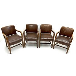 Set four mid century oak framed boardroom chairs, upholstered back and seat, shaped arms, square tapering supports joined by stretchers