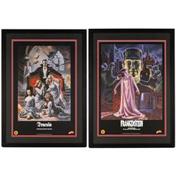 Two limited edition Dynamic Forces art prints, Dracula and Frankenstein, both framed H47cm