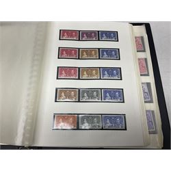 Stamps including various King George VI 12th May 1937 coronation, various 8th June 1946 Victory, various 1923-1948 Silver Wedding, Turks and Caicos Islands 'Raking Salt' mint marginal blocks of four etc, housed in two ring binder folders
