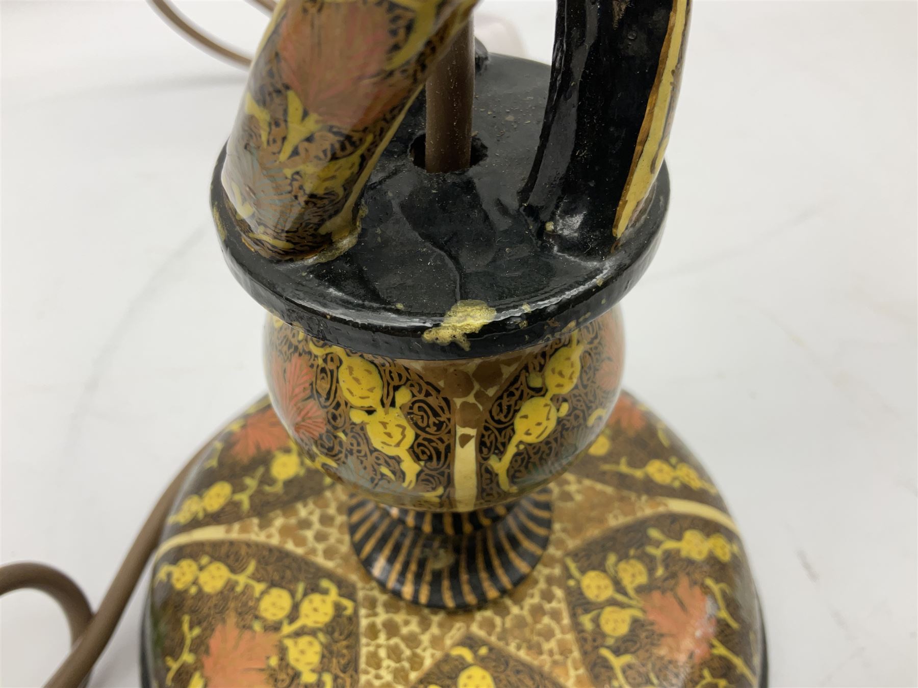  Kashmiri papier mache table lamp, open spiral twist column decorated with flowers, on a turned base,  H43cm