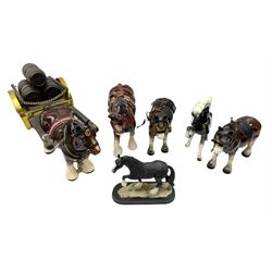 Collection of ceramic horses, including shire horses, with harnesses etc (6)