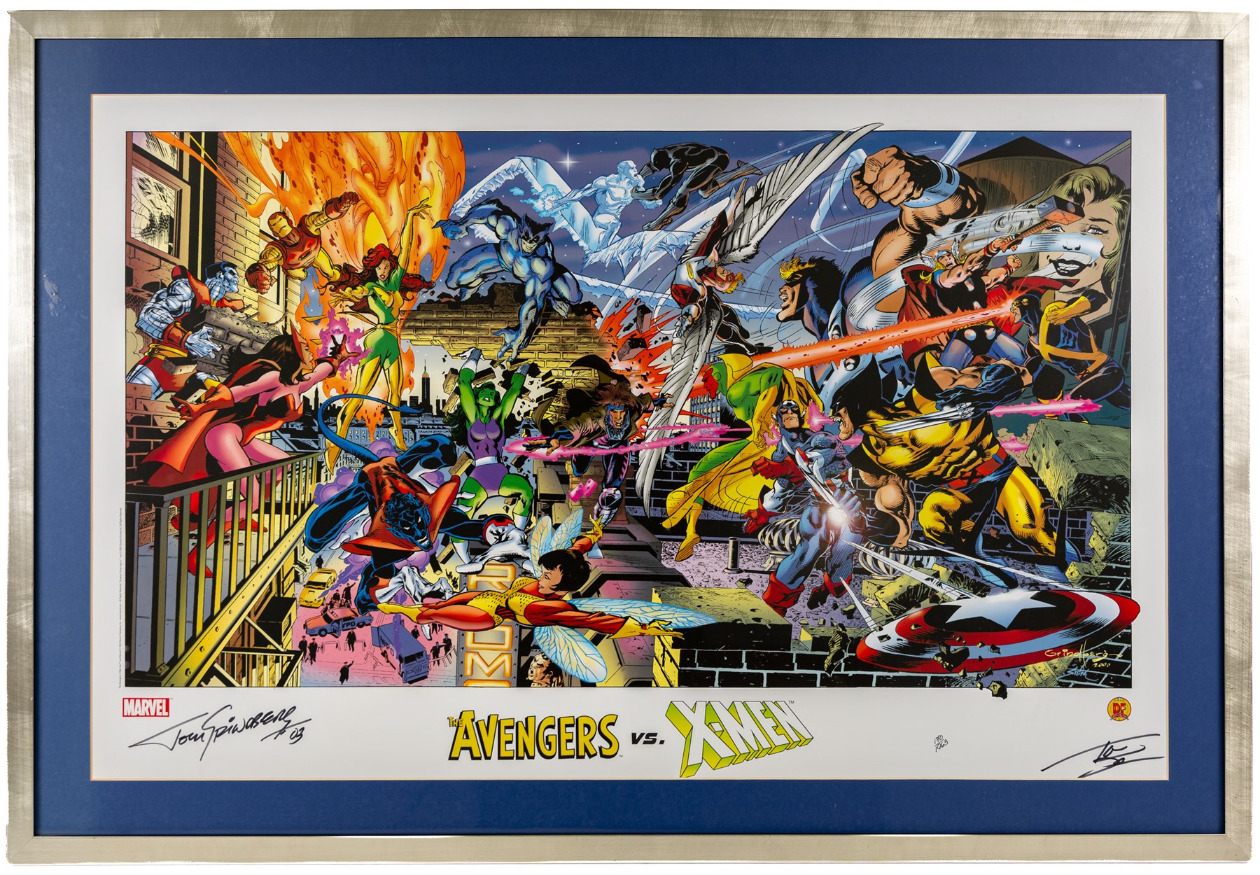 Two large limited edition Marvel lithographic prints by Dynamic Forces, comprising Marvel Origins Anniversary, limited edition no. 111/1961 and The Avengers vs. X-Men, limited edition no. 170/1963, both signed by Tom Grindberg and Tom Smith, with certificates of authenticity, largest H43cm, W86cm