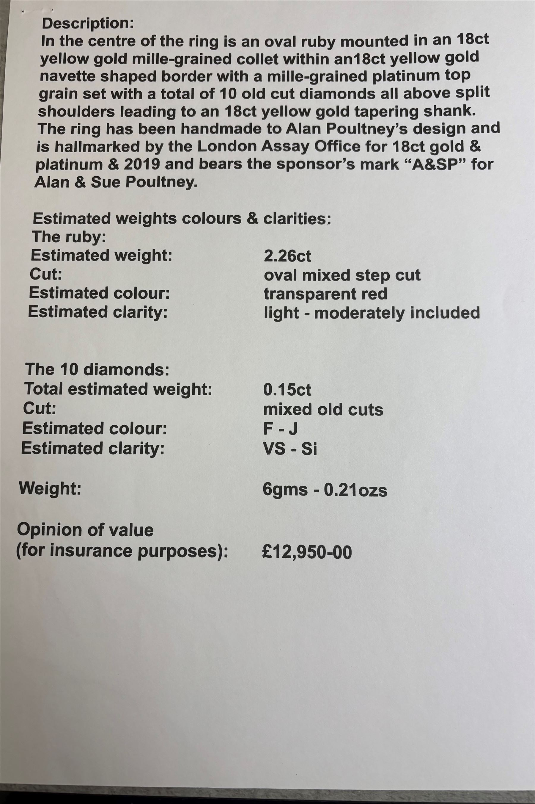 18ct and platinum ruby and diamond ring, single oval cut ruby of approx 2.26 carat, with old cut diamond surround, set within a milgrain navette shaped border, London 2019, total diamond weight approx 0.15 carat, with Alan Poultney Gems report