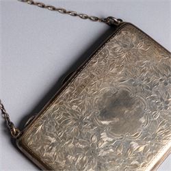 Early 20th century silver coin purse, with floral decoration and finger chain, hallmarked together with an early 20th century cigarette case,  with engraved initials, hallmarked and a silver filigree cigarette case
