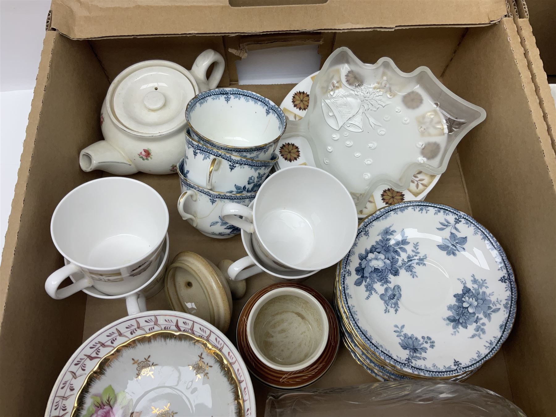Portmeirion Botanic Garden jug, Poole Pottery planter, Denby coffee pot, Wedgwood Jasperware trinket box, Le Creuset oven dish and a collection of other ceramics, etc, in four boxes 