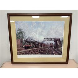 After Peter Owen Jones (British 20th century), 'Scots Guardsman'; limited edition colour print signed in pencil, together with three colour prints of early 20th century steam trains (4)