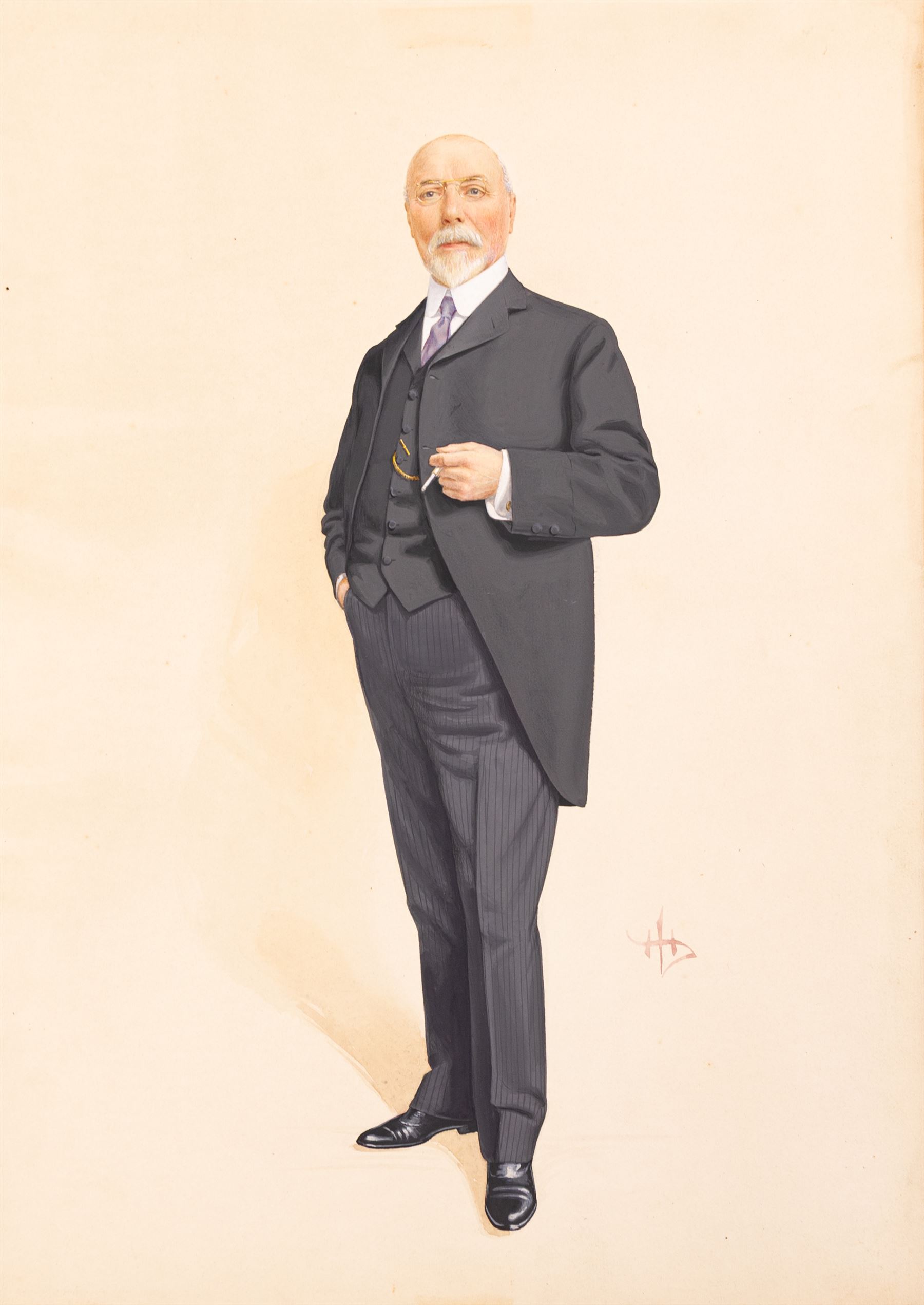 Manner of the Vanity Fair Cartoonists (1869-1914): 'Sir James Williamson' -1st Baron Ashton, gouache indistinctly signed with monogram, titled verso 53cm x 38cm (unframed)
Notes: This appears to be a rare surviving depiction of Sir James Williamson, a famously private individual who was known for shunning formal portraits. Now referred to as 'The Lino King', Williamson took over his father's Lancaster business and built a monopoly on cheap cork linoleum. The Lune Mills factory would employ a quarter of the Lancaster population. Despite controversies regarding his peerage and the possible exploitation of his workforce, his philanthropy and patronage given towards local causes has been highly celebrated. 