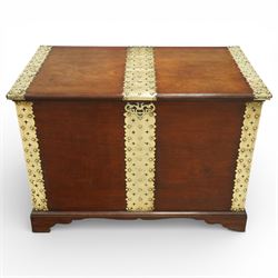 Georgian mahogany brass bound plate chest, the rectangular hinged top mounted with pierced and studded brass straps, fitted with pierced brass escutcheon and large brass handles to the side, lower moulded edge on bracket feet