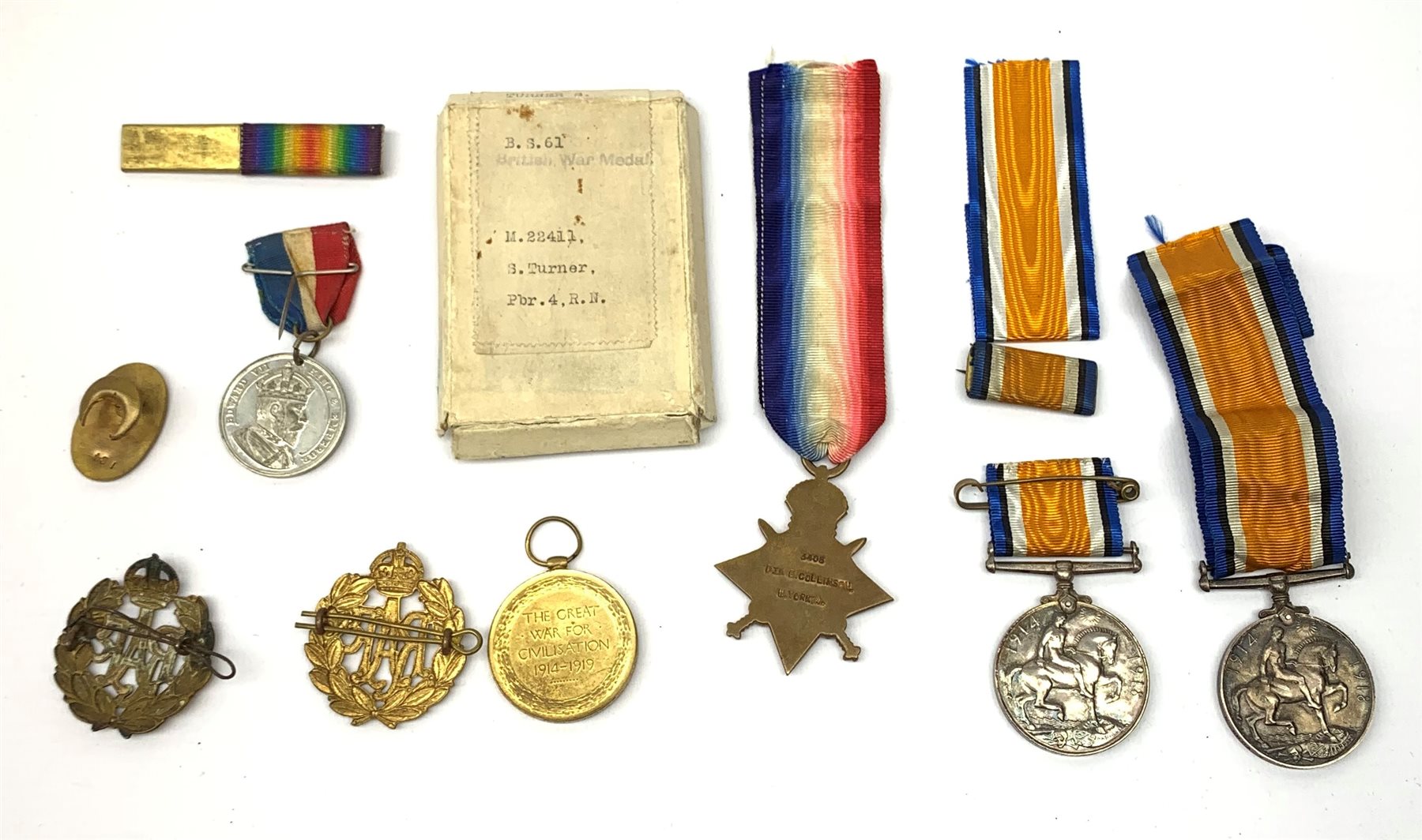 King George V 1914 - 1918 British War Medal named to '14-133 PTE J.W. ROBSON. E. YORK R', War Medal named to 'M. 22411 S. TURNER. PBR. 4 R.N.', Victory Medal and 1914-15 star both named to '3408 PTE. G. COLLINSON. W. YORK. R.' and various badges etc