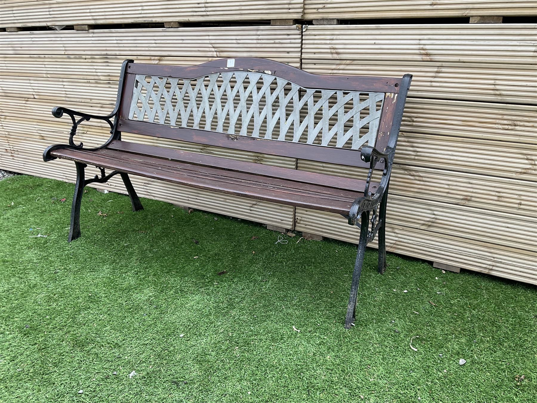 Large cast metal and wood slatted garden bench with lattice back - THIS LOT IS TO BE COLLECTED BY APPOINTMENT FROM DUGGLEBY STORAGE, GREAT HILL, EASTFIELD, SCARBOROUGH, YO11 3TX