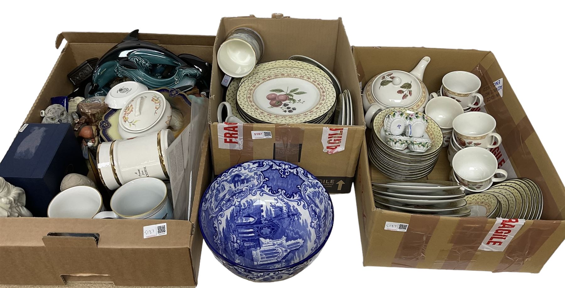 Limited edition Royal Doulton The Dambusters tankard, The Royal Air Force Museum Wings of Destiny tankard with certificate, and further Flying for Victory tankard, Johnson Brothers Fruit Sampler pattern tea and dinnerware, Poole dolphin and other animal figures, other ceramics etc in three boxes