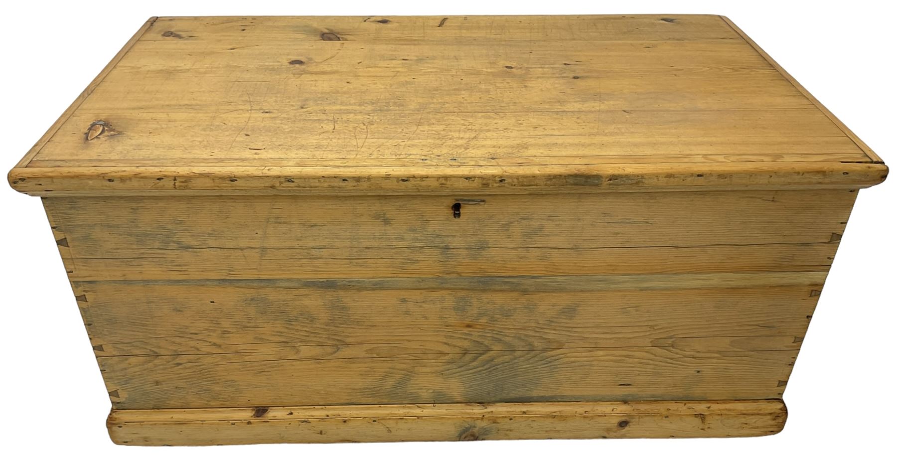 Victorian pine blanket box, hinged lid, fitted with carrying handles, on castors