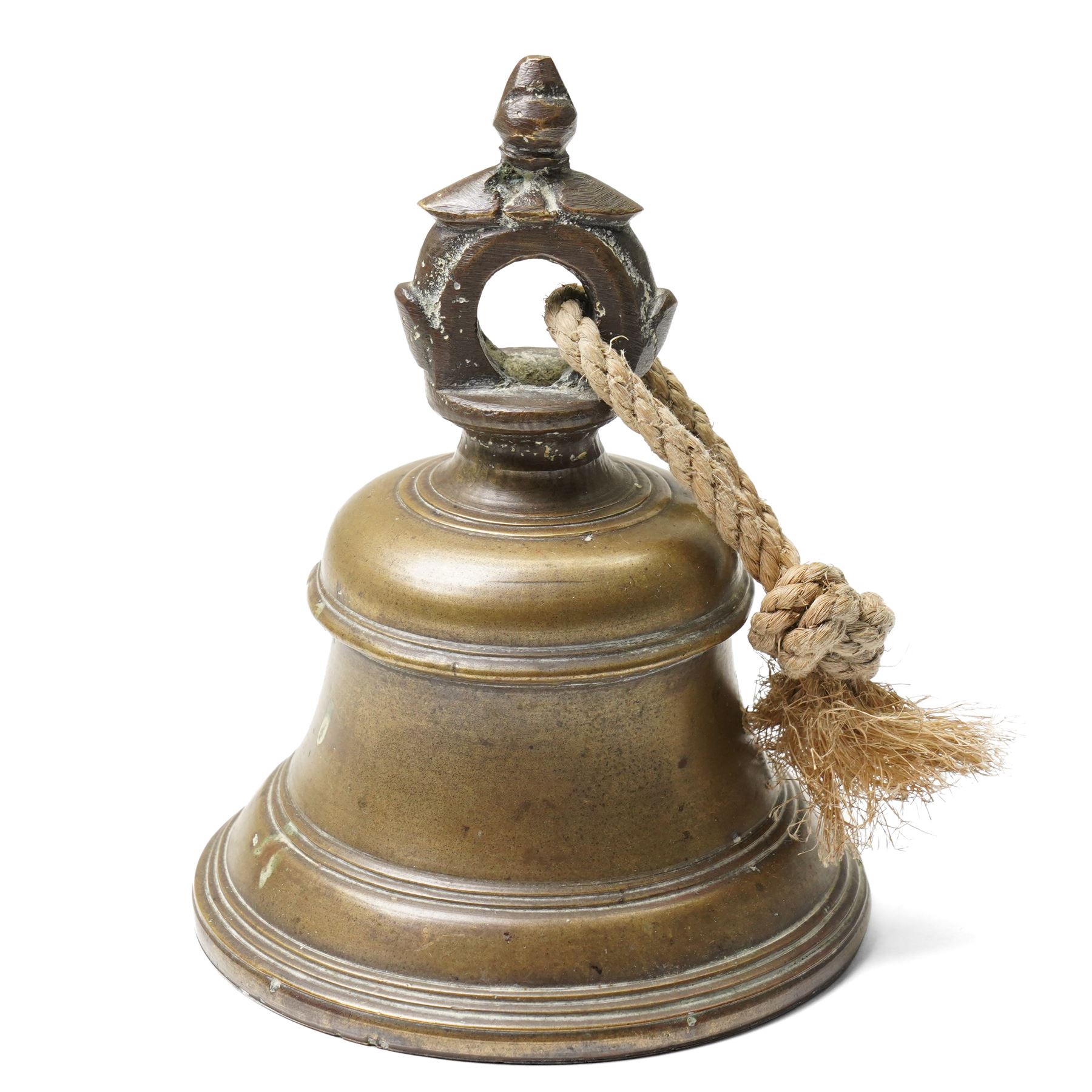 19th century Chinese bronze censer with loop handles and on shaped supports D13cm and an Asian bronze bell H17cm