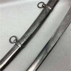 Early 19c Light Cavalry trooper's sword, the Russian 86cm curving fullered blade with cyrillic inscription to backedge dated 1827 and stamped marks to ricasso, 1st Empire French three-bar brass hilt with oval langets, stamped marks to knucklebow and leather grip; in polished steel scabbard with two suspension rings L106cm overall