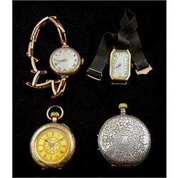 Longines 9ct rose gold manual wind wristwatch London import marks 1926, on expanding 9ct gold strap, 18ct gold manual wind wristwatch, on ribbon, silver Baume Longines full hunter pocket watch and one other 9ct gold pocket watch