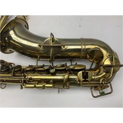Lacquered brass 'King' alto saxophone inscribed Made by the H.N. White Co.' (Cleveland Ohio) with crook, serial no.84128; also stamped No.1 549 911 and Pat D 8-18-25; in fitted carrying case 