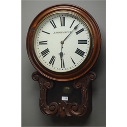  Victorian walnut cased drop dial wall clock, scroll carved and glazed, enamel dial signed 'Barnby & Rust, Hull', single fusee movement, H70cm  