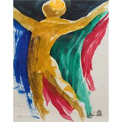 Laki Senanayake (Sri Lankan 1937-2021): 'Nude and Curtain', acrylic  on card signed and dated April 2006, 32cm x 26cm (unframed)
Notes: Internationally renowned Sri Lankan artist (painter and sculptor)
Provenance: Acquired from the artist from his studio at Diyabubula Watta, Kalundewa Road, Dambulla - Sri Lanka. The artist was a close friend of the vendor who over time acquired a large number of works.