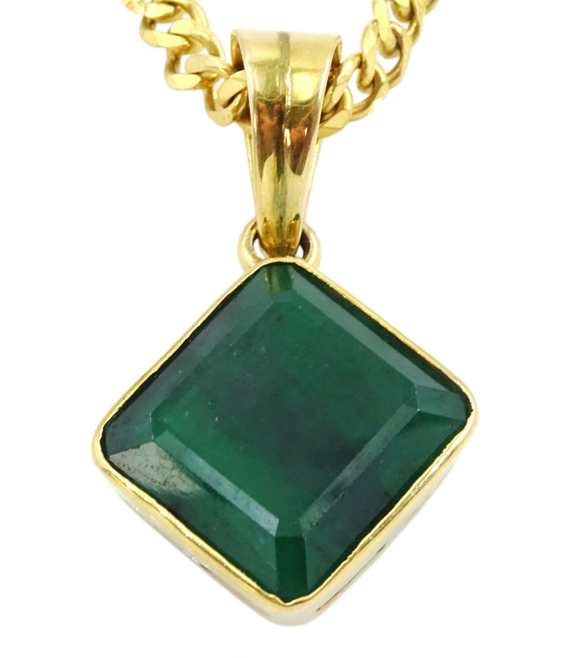 Gold single stone square cut emerald pendant, on gold curb link chain necklace set with two oval cut emeralds, both 9ct, emerald approx 12.00 carat