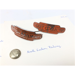  BR North Eastern Ticket Collectors totem cap badge and a similar British Railway badge, both by J.R.Gaunt, a North East Railway enamel pin badge British Railways cap badge, and a collection of Railway, Police and Bus Co. buttons, etc   