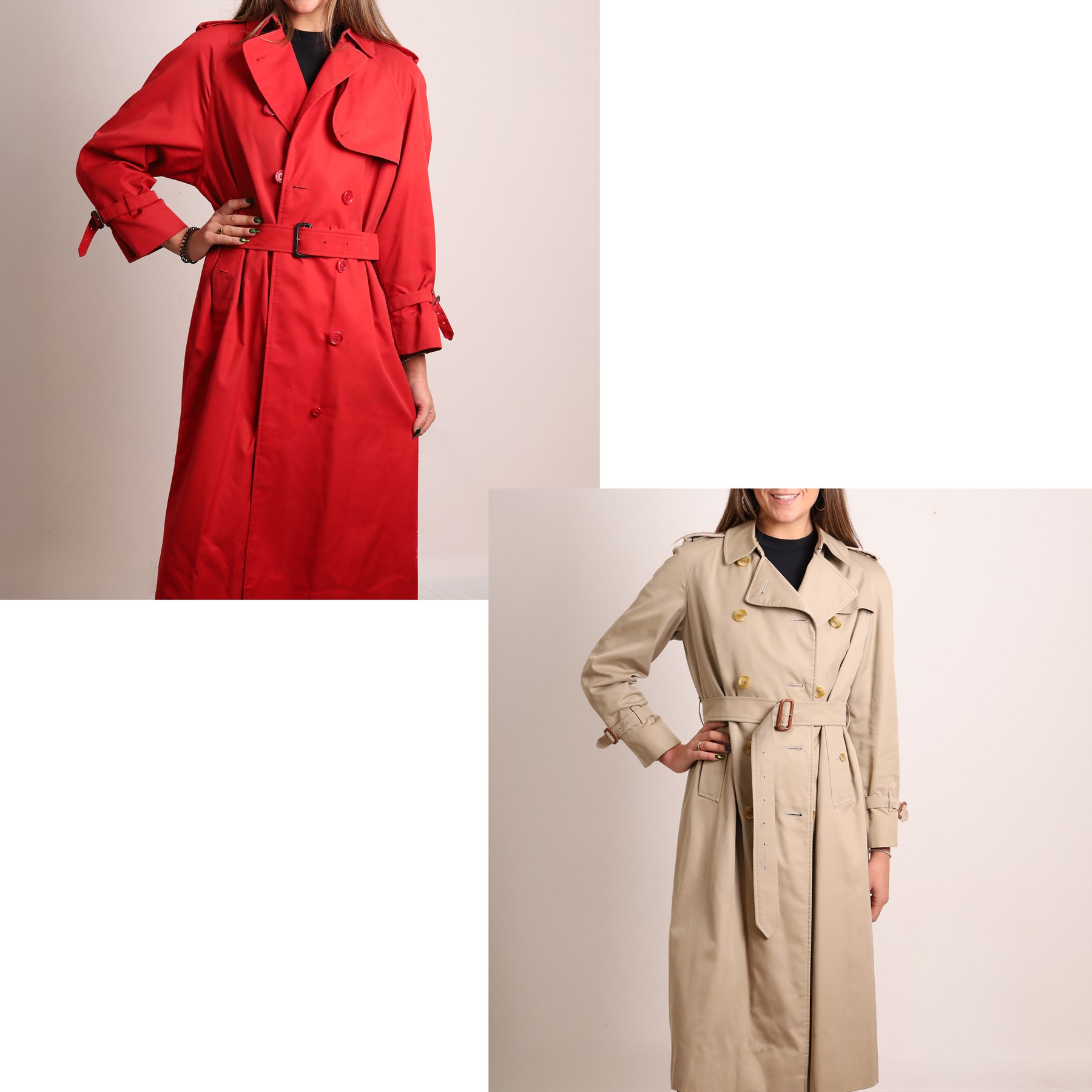 Burberrys and Aquascutum - two vintage trench coats, comprising a Burberrys red cotton trench coat with navy, red and grey check lining, labelled Burberrys, Made in England, and an Aquascutum beige cotton trench coat with house check lining, labelled Aquascutum, Made in England, both size L (2)