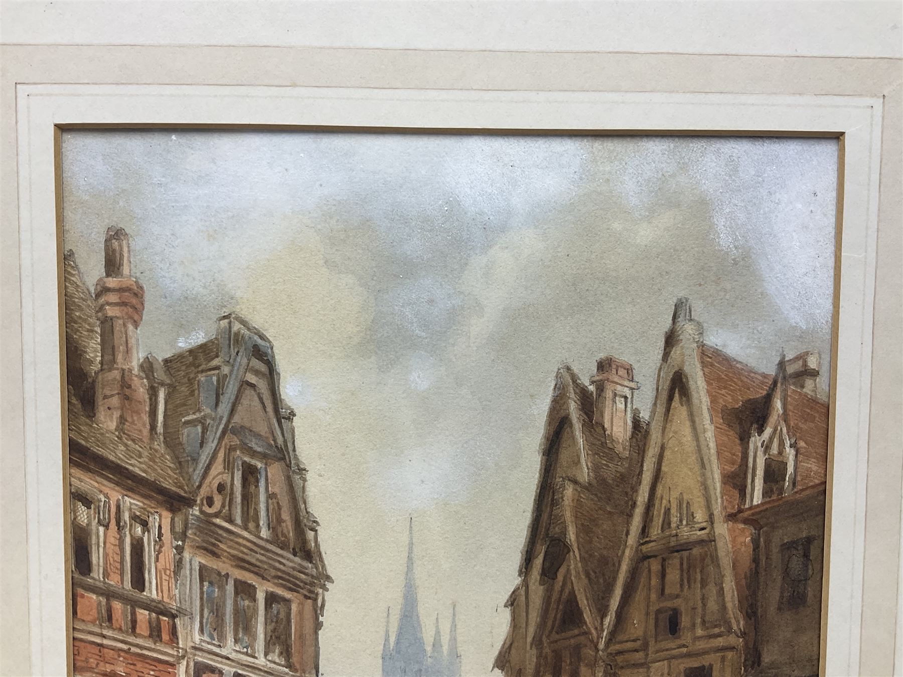 Early 20th century Continental School - watercolour of a Munich street scene entitled verso 'Markttag direkt an der Marienplatz', further manuscript inscription verso 'Eine ruhige Eike des alten Münchens'; signed lower left with initials A.H.; unframed in later mount 28.5 x 20cm. Auctioneer's Note: This painting bears similarities to the work of the young Adolf Hitler during his fifteen month stay in Munich before WWI. Various views of the Marienplatz were painted by Adolf Hitler during this period all signed with his initials and of a similar size and palette. Sold with photocopies of comparable paintings.