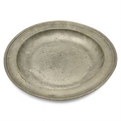 Four 19th century Dutch pewter trifid spoons by Hendrik Kamphof, the shell relief cast finial decorated with a vase of flowers surrounding a heart with the initials 'LF' to two and 'CD' to the two others, Crowned rose with the initials 'HK' struck on the back, L19cm, together with other Dutch pewter spoons and shallow bowl, the base inscribed 'DAM', D33.5cm 