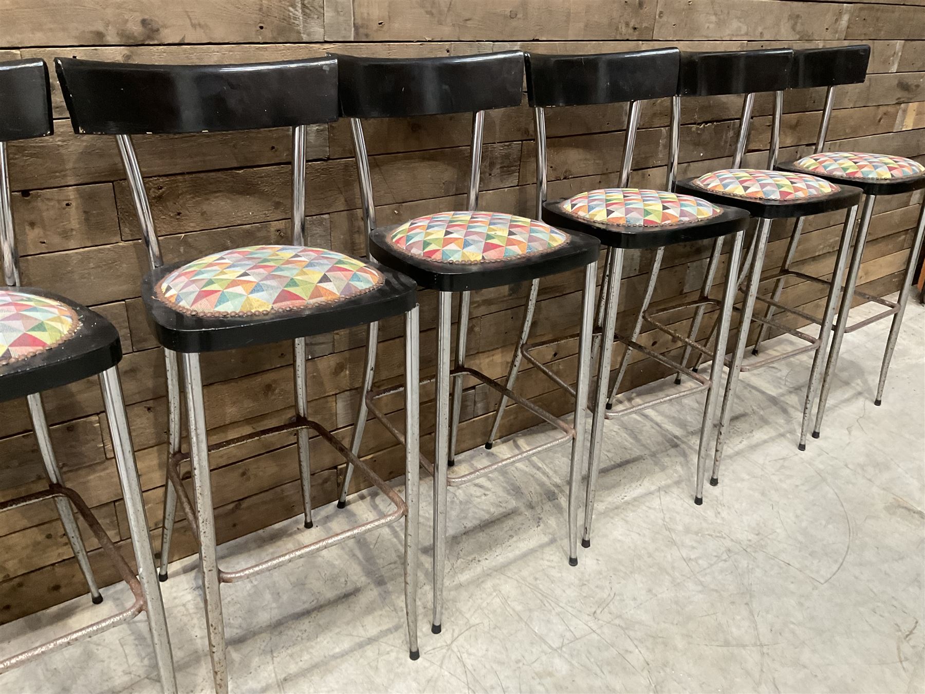 Seven chrome framed tall ball stools with upholstered seat and three other tall stools (10)