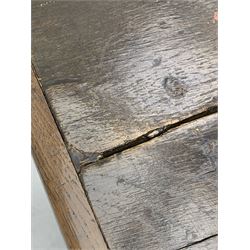 17th century oak joined table, rectangular plank top with boarded ends, turned supports joined by stretchers