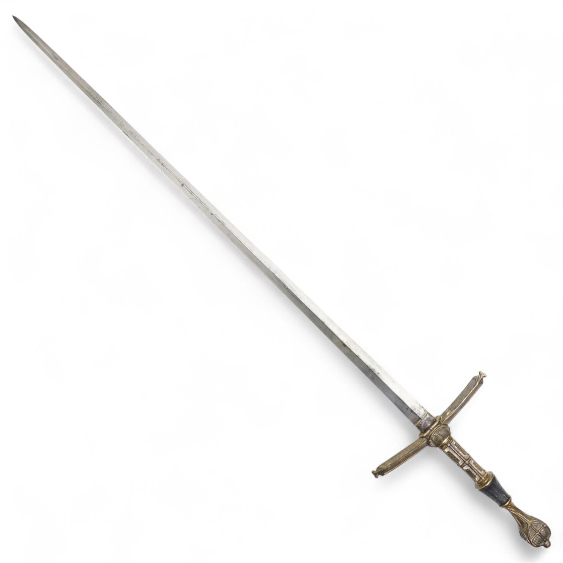 Ceremonial sword with Gothic hilt, plain blade and leather scabbard,  possibly 19th century overall length 107cm