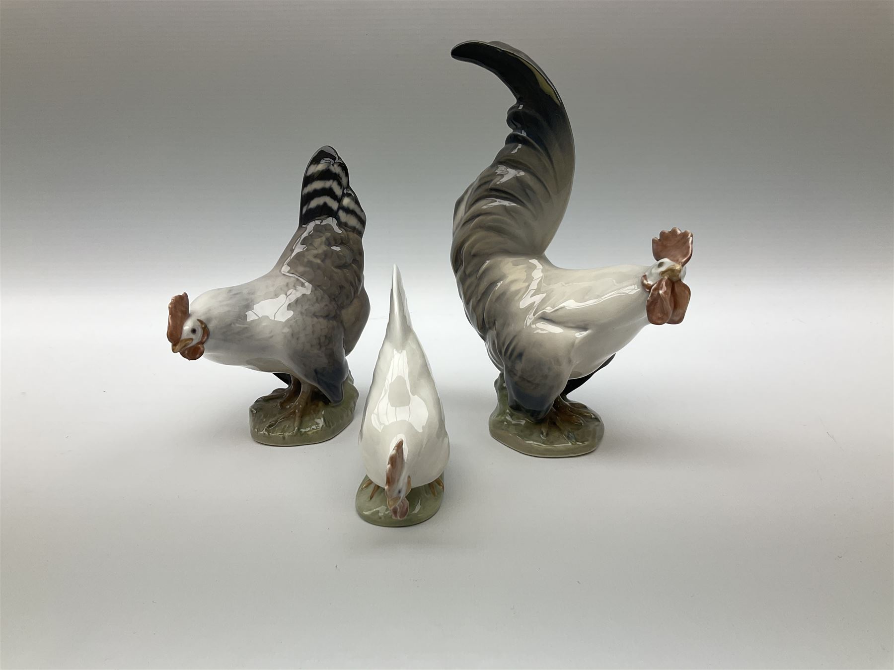 Eight Royal Copenhagen figures, cockerel 1025, hen 1024, group of two geese 609, robin 2266, squirrel 982, cockerel 1127, goose 1088 and owl 1741.  