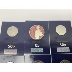 Mostly Queen Elizabeth II United Kingdom commemorative fifty pence, two pound and five pound coins, including Olympic Games, Pride etc, some on Change Checker cards