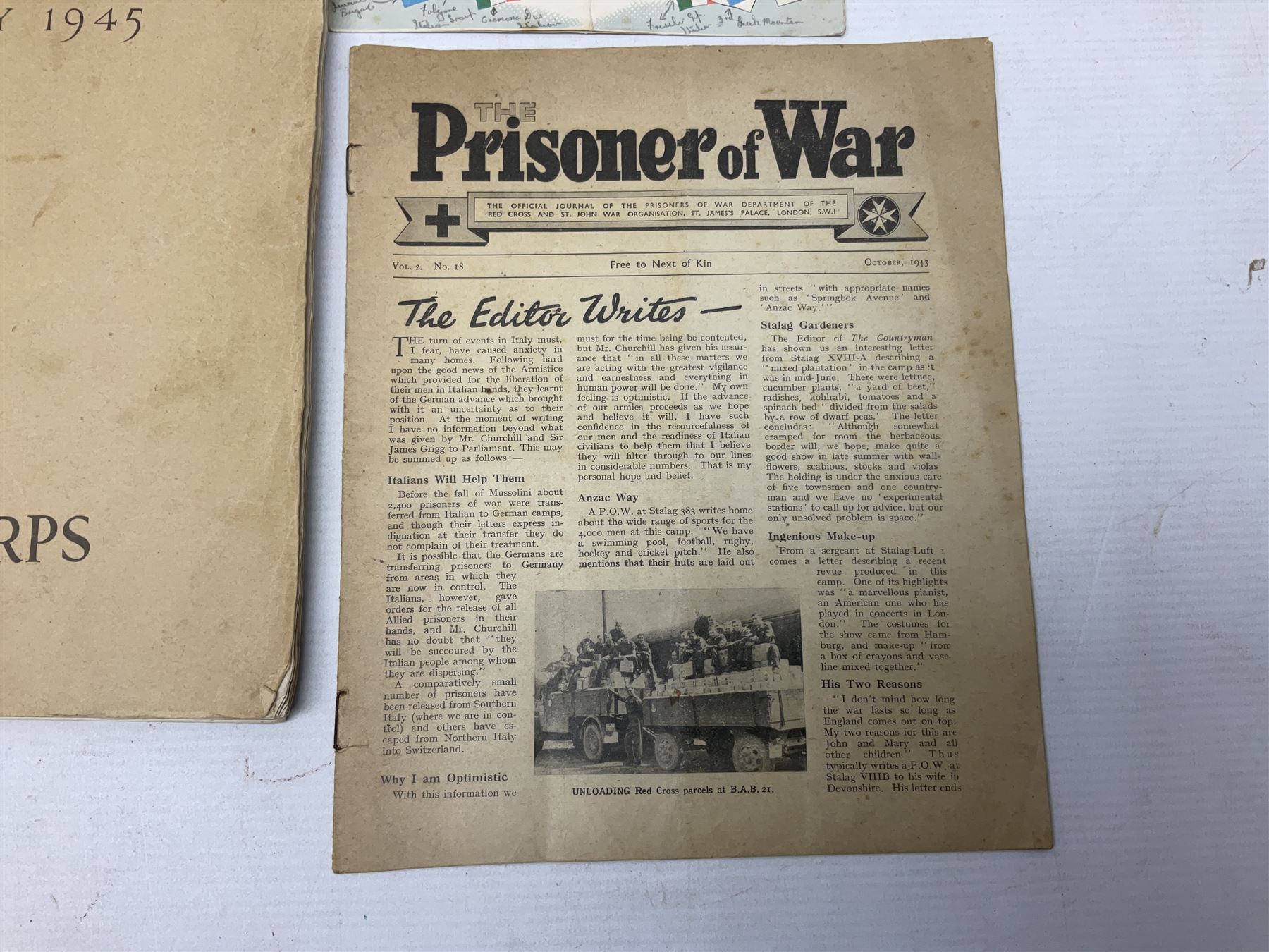 Modern album containing over sixty postcards and photographs including memorial portraits of KIA soldiers, regimental crests, comic, WW1 embroidered silk, uniforms, cap badges, camp and manoeuvre images etc; another personal photograph album of WW2 soldiers relaxing; Royal Armoured Corps booklet 'The Italian Campaign 3rd Sep. 1943 - 2nd May 1945; and other paper ephemera of military interest