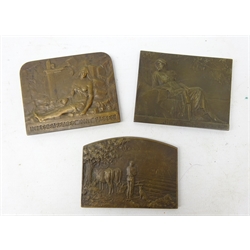  Three bronze medallions: Shepherd and Mother & Child in pastoral landscape after Giovanni DuprMeditation after Henry Dropsy and Ici les Barbares Sont Passes after Raoul Lamourdedieu L7cm (3)  