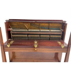 Carl Bechstein - late 19th century German overstrung upright piano, in a model 4 Arts and Crafts case designed by Walter Cave, with a lattice music desk and fretted silk backed front panel, brass hinged case lid and key fall with square tapered candle holders and circular sconces, iron frame, serial number 52187 (1899-1900), with an under damper action, 85 ebony and ivory keys, sustain and una corda pedals, original action, stringing, dampers, and action return straps, registered case number 328639, USA patent 24805.

This item has been registered for sale under Section 10 of the APHA Ivory Act
